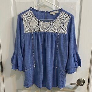Loft Crochet Chambray Ruffle 3/4 Bell Sleeve Boho Flowy Womens Top Blouse Medium